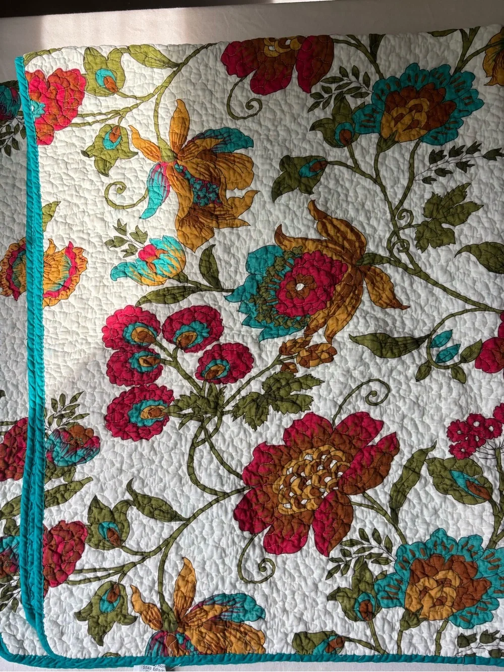 Floral Quilted Bedspread in Teal, Red & Mustard - Home Bedding
